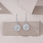 S925 Sterling Silver Halo Drop Earrings, 1ct D-VVS1 Moissanite, Lever Back Dangle With Pave Detail, Platinum Plated 3.3g, GRA Certificate Gift Box