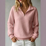 Loose-fit Waffle-knit Stand-collar Zip-up Long-sleeve Womens Sweatshirt