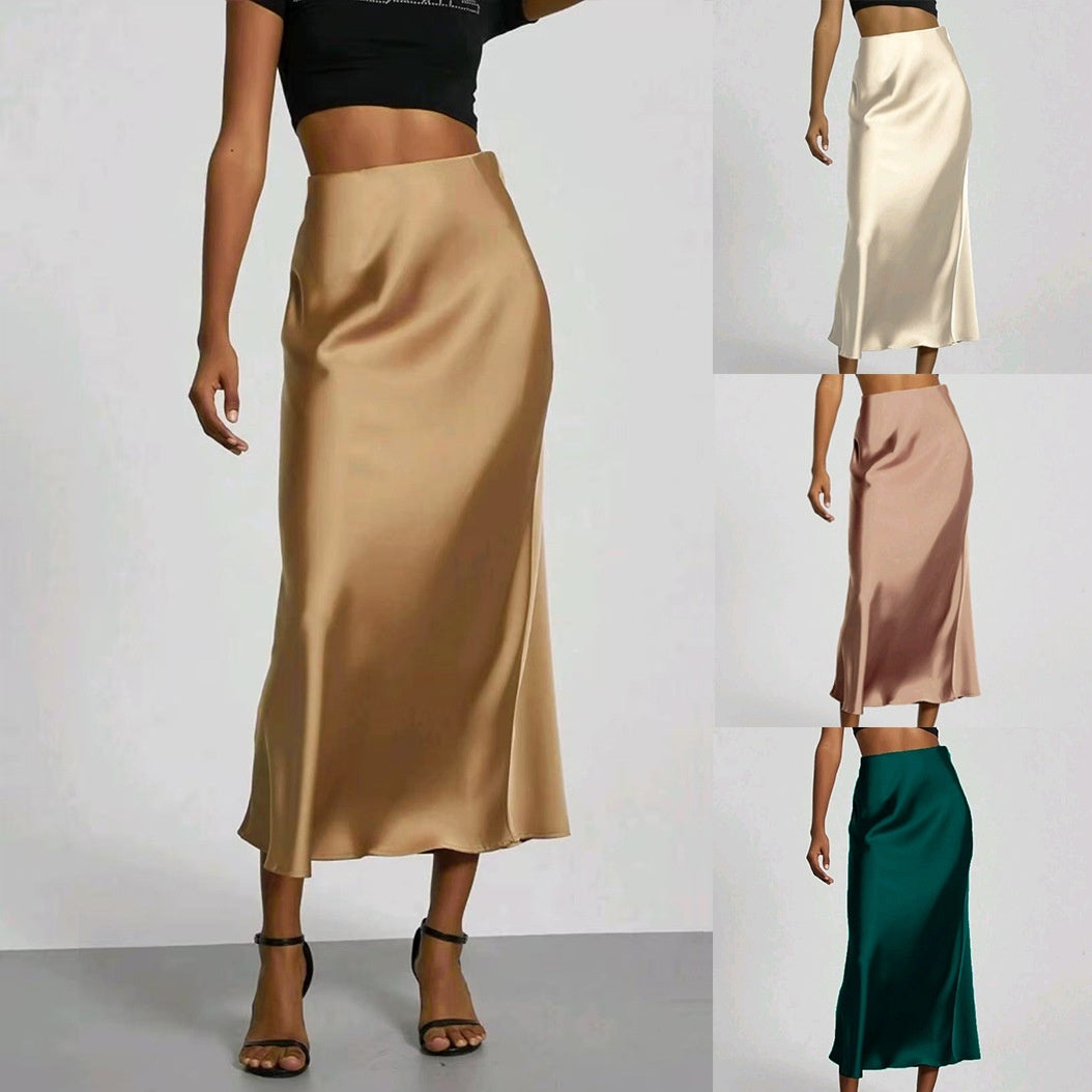 Elegant Silky Satin Midi Skirt