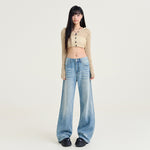 Womens Light-blue Washed Wide-leg Jeans
