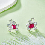 S925 Sterling Silver Bowknot Stud Earrings, 6x6mm Lab-Grown Ruby&Emerald With Mixed Pave Ribbon, Platinum Plated 3.2g Women's Jewelry Gift Box