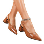 Womens Pointed-toe Patchwork Color-block Chunky-heel Pumps
