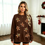 Womens Christmas Gingerbread Man Glittery Loose-Fit Pullover Hoodie