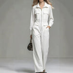 Womens White Long-sleeve Jumpsuit With A Lapel And Zipper