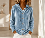 Buttoned Velvet Hooded Cardigan Solid-Color Coat For Women