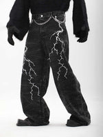 American-style Vintage Niche Washed Denim Jeans With Lightning-stripe Embroidery