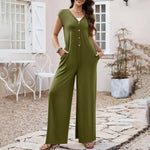 Comfortable Casual Loose-fit Solid-color Jumpsuit With Pockets And Wide-leg Pants