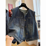 Round-neck Loose-fit Figure-flattering Denim Vest Jacket