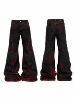 Dark Punk Red-and-black Distressed Flared Pants