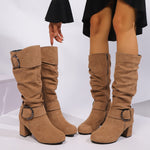 Suede High-heeled Chunky-heel Womens Boots With A Belt Buckle For Export