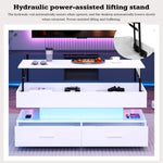 Hydraulic Lift Top Coffee Table, LED Coffee Tables With Storage For Living Room, Coffee Table With 2 Drawers & LED Light For Dining Reception Room, White