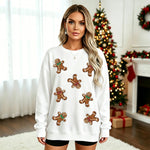 Womens Christmas Gingerbread Man Glittery Loose-Fit Pullover Hoodie