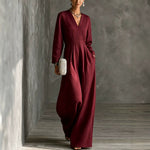 Womens V-neck Long-sleeve Relaxed-fit Wide-leg Jumpsuit