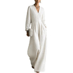 Womens V-neck Long-sleeve Relaxed-fit Wide-leg Jumpsuit