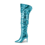 Sexy Womens High Heel Pleated Colorful Bootie Back Slit Pointed Toe Fashion Boots