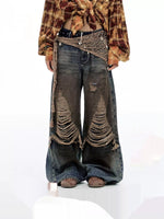 American-style Vintage Denim Womens Winter Workwear Wide-leg Casual Pants