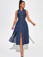 New Women's Retro-Style Washed Blue Collared Sleeveless Single-Breasted Denim Dress With Slits And Pockets, Summer Outfits For Women