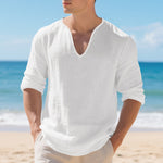 Mens Linen Casual Loose-fit V-neck Long-sleeve Shirt