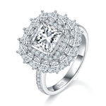 S925 Sterling Silver 2ct Princess Cut Moissanite Ring, D-VVS1 Double Halo Cluster, Platinum Plated 5.8g US Sizes 5-9, GRA Certificate Gift Box