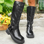 Calf-length Metal Belt-buckle Chunky-heeled High-top Denim Boots