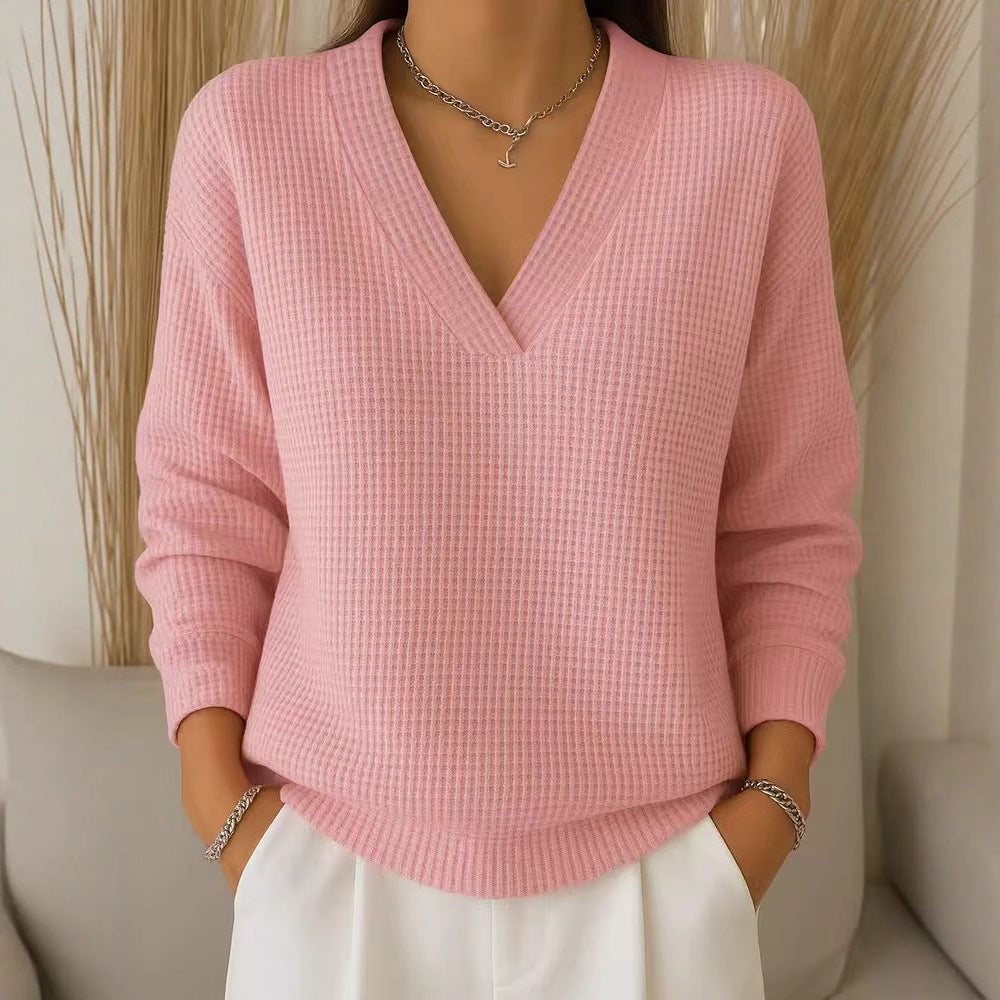 Women's Casual Loose Fashion Solid Color Waffle Long Sleeve Pullover