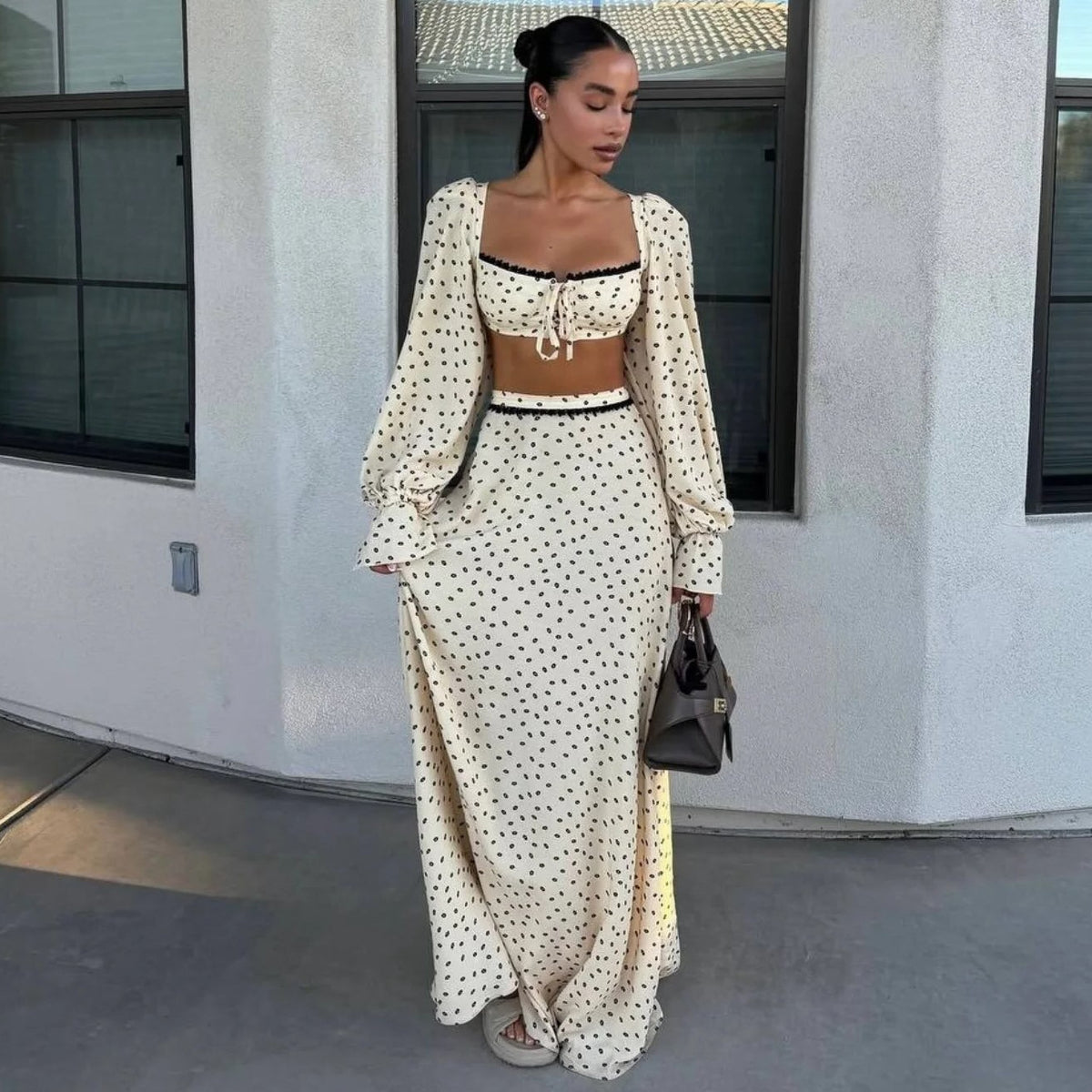 Polka-dot Midriff-baring Sexy Long-sleeve Chic Silky-soft Loose Casual Maxi Dress