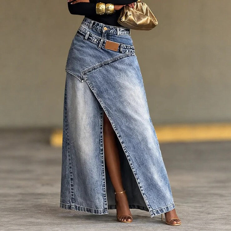 High-waisted Irregularly Slit Denim Midi Skirt