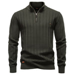 Mens Striped Jacquard Sweater With Half Zip And Stand Collar