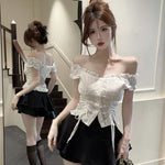 Womens Chic Sleeveless Top With White Lace Ruffles