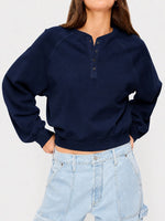 Womens Crew-neck Button-up Sweatshirt Loose-fit Casual Cropped Top