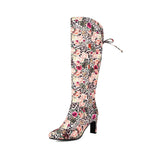 Womens Floral Patchwork Bowknot Chunky Heel Over-the-Knee Boots