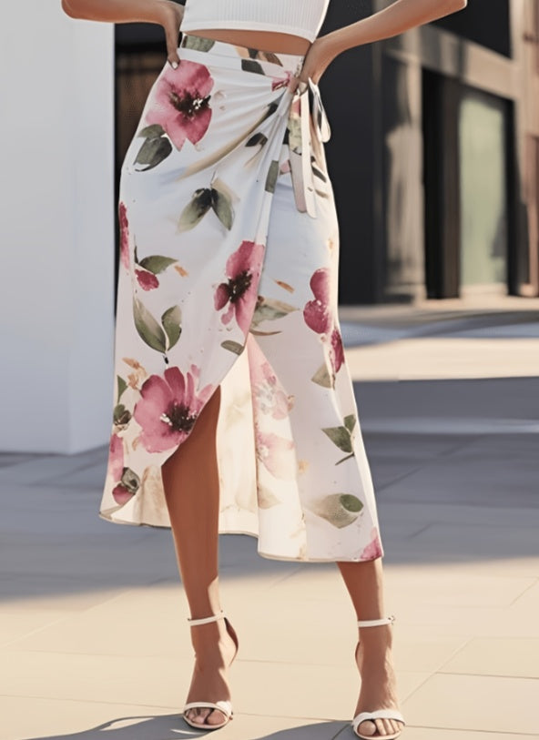 White Background Watercolor Floral Print Wrap Style Split Mid Length Skirt
