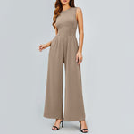 Womens Round-neck Solid-color Sleeveless Slim-fit Long Casual Jumpsuit