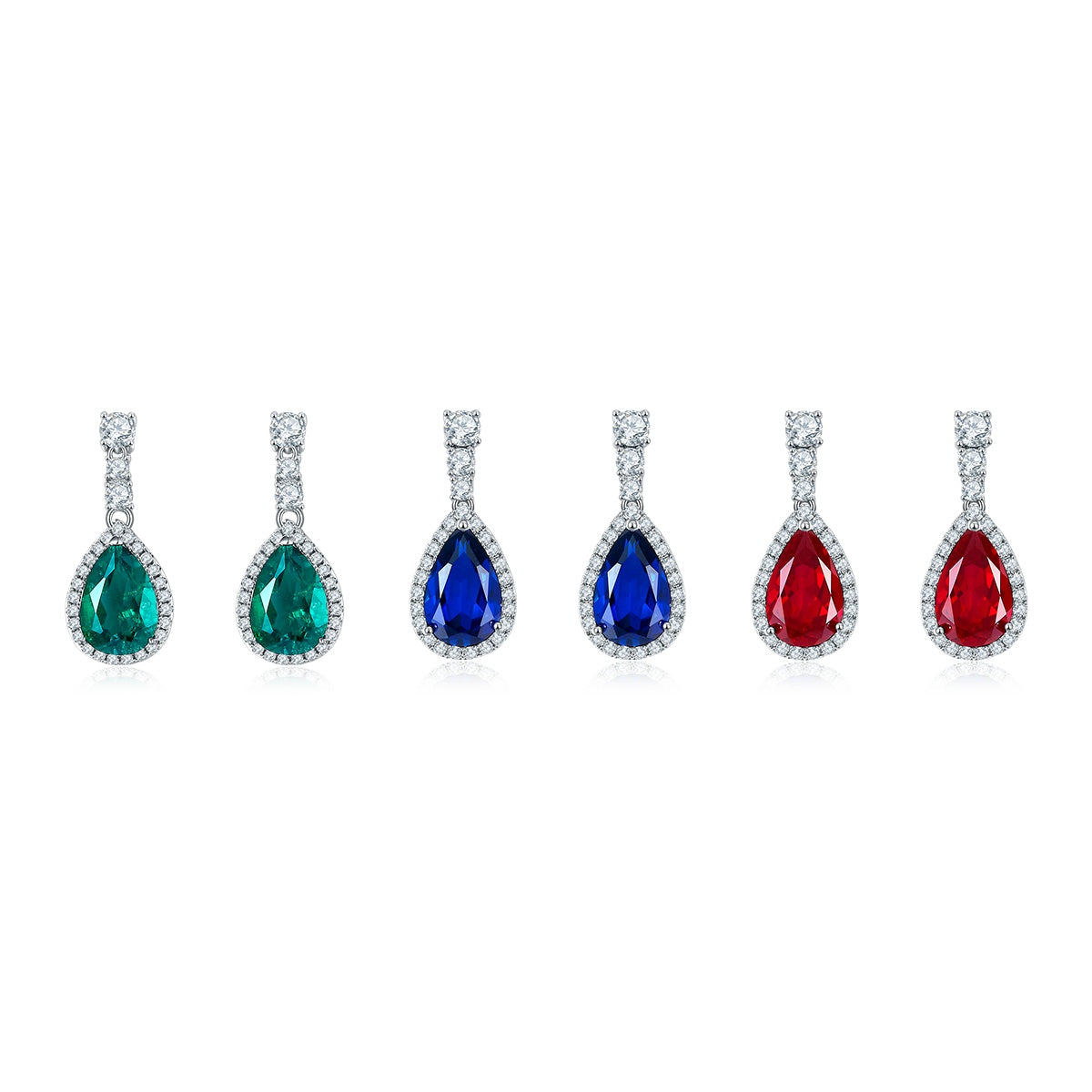S925 Sterling Silver Teardrop Dangle Earrings, 7x11mm Lab-Grown Ruby Sapphire Emerald With Halo, Platinum Plated 3.2g Women's Jewelry Gift Box
