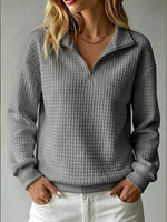 Loose-fit Waffle-knit Stand-collar Zip-up Long-sleeve Womens Sweatshirt