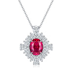 S925 Sterling Silver Floral Halo Pendant Necklace, 10x8mm Lab-Grown Ruby Sapphire Emerald, Platinum Plated 45cm Chain, 5g Gift Box