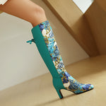 Womens Floral Patchwork Bowknot Chunky Heel Over-the-Knee Boots