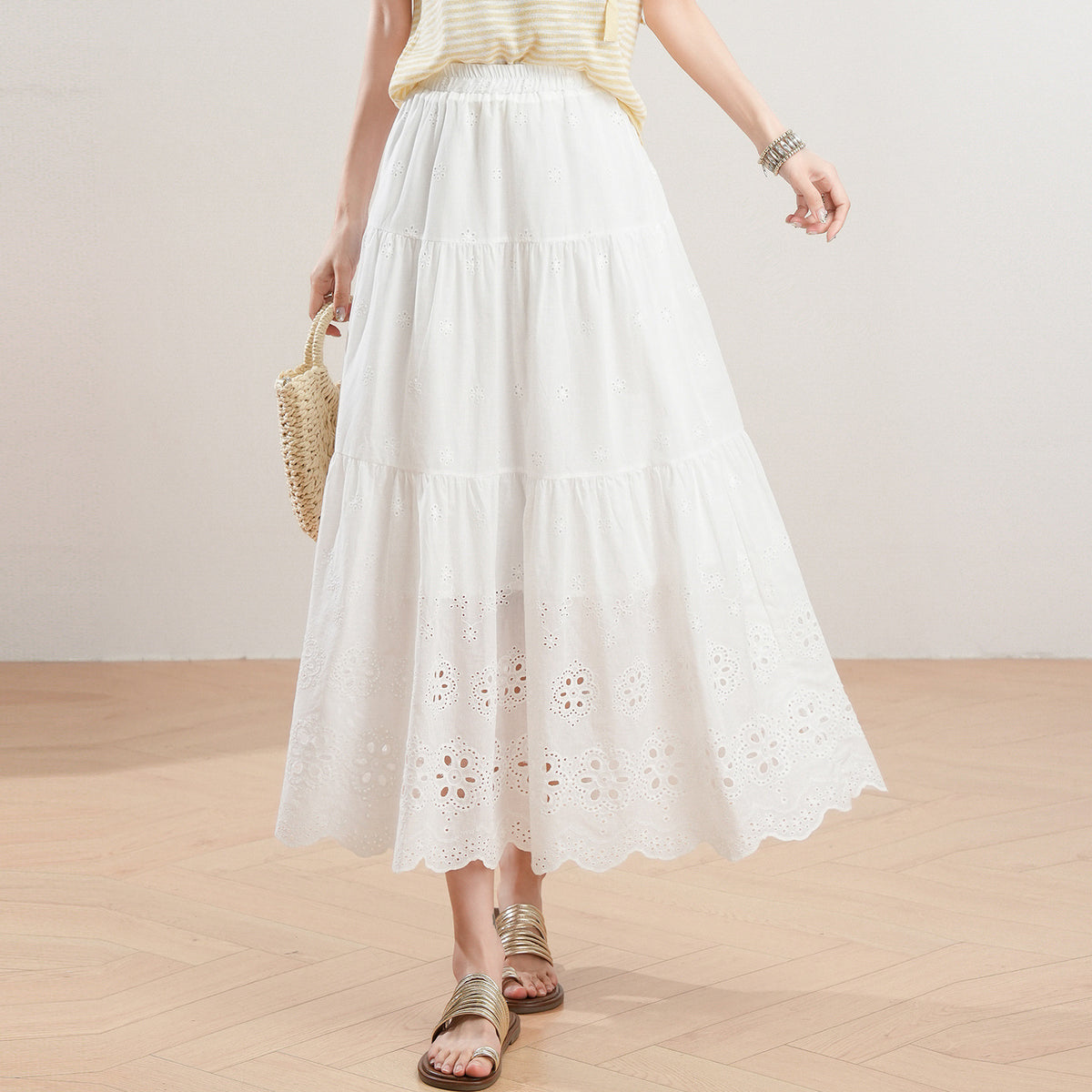 Womens Loose-fitting White Hollow-out Floral Skirt