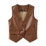 Retro Loose PU Vest Womens Short Brown Spring Outerwear