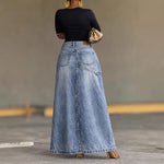 High-waisted Irregularly Slit Denim Midi Skirt