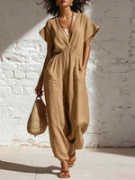 Womens V-neck Relaxed-fit Waist-cinching Jumpsuit