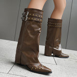 Rivet Chunky Heel Belt Buckle Tall Boots Women