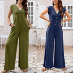 Comfortable Casual Loose-fit Solid-color Jumpsuit With Pockets And Wide-leg Pants