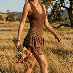 Casual Chic V-neck Dress, Solid-color With Leopard-print Panel Skirt