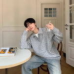 Mens Retro Herringbone Textured Lapel Pullover Sweater