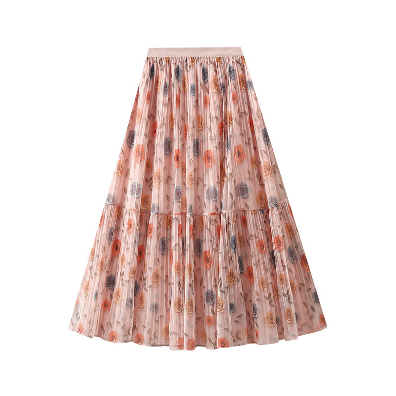 Women's Two-way Mesh Rose-printed Skirt