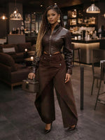 Retro High-waisted Cross-over Metal Buckle Irregular Wide-leg Pants