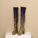 Sequin Gradient Round-Toe Side-Zip Chunky Heel Over-the-Knee Womens Boots