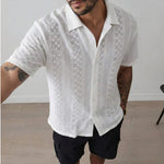Old Money Style Cuban Collar Hollow Out Knitted Short Sleeve Shirt