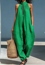 Women's Solid Color Stand-up Collar Sleeveless Casual Loose Jumpsuit